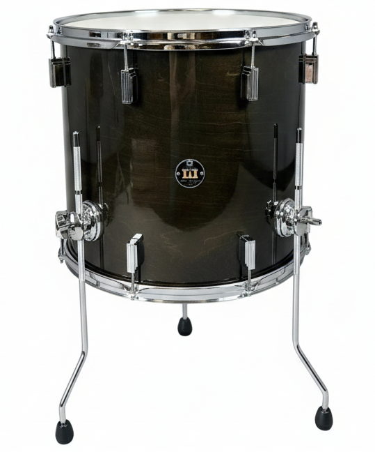 Black drum with chrome hardware on a white background