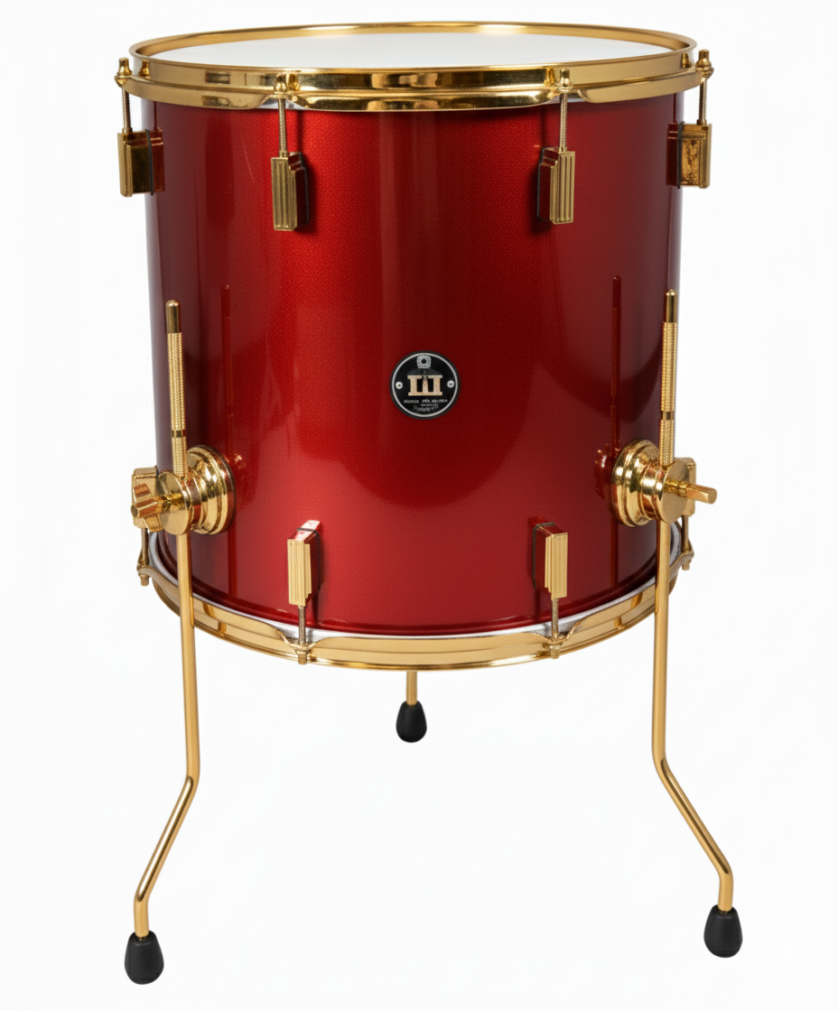 Red drum with gold hardware on a white background