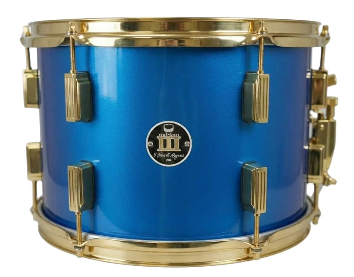 Blue drum with gold hardware on a white background