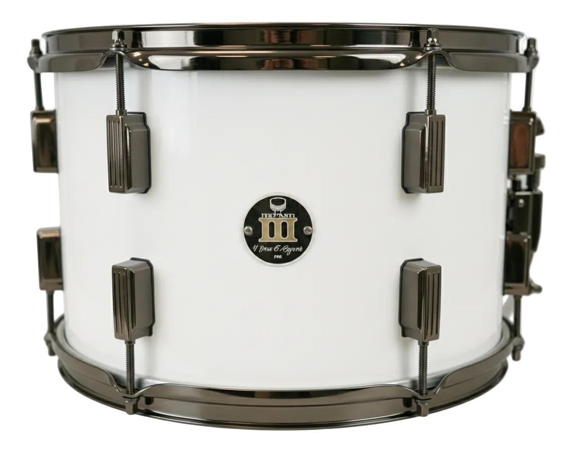 White snare drum with black accents on a white background