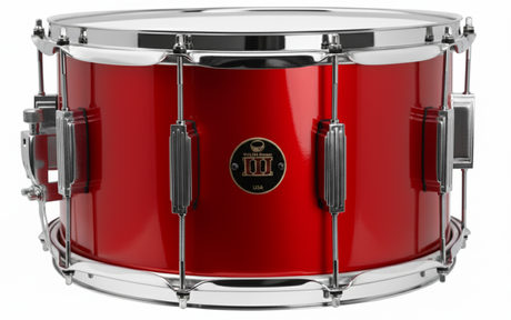 Red snare drum with chrome hardware on a white background