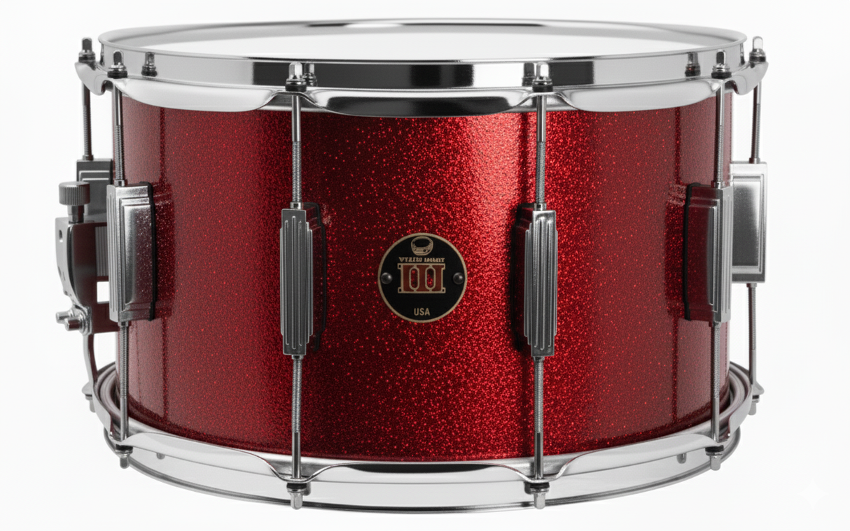 Red snare drum with chrome hardware on a white background