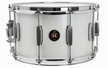 Snare drum with a white glittery finish and chrome hardware on a white background