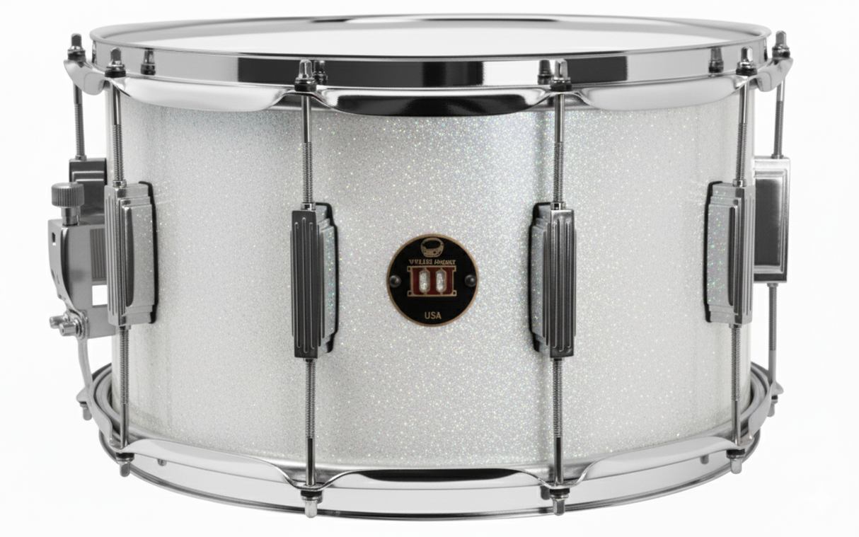 Snare drum with a white glittery finish and chrome hardware on a white background