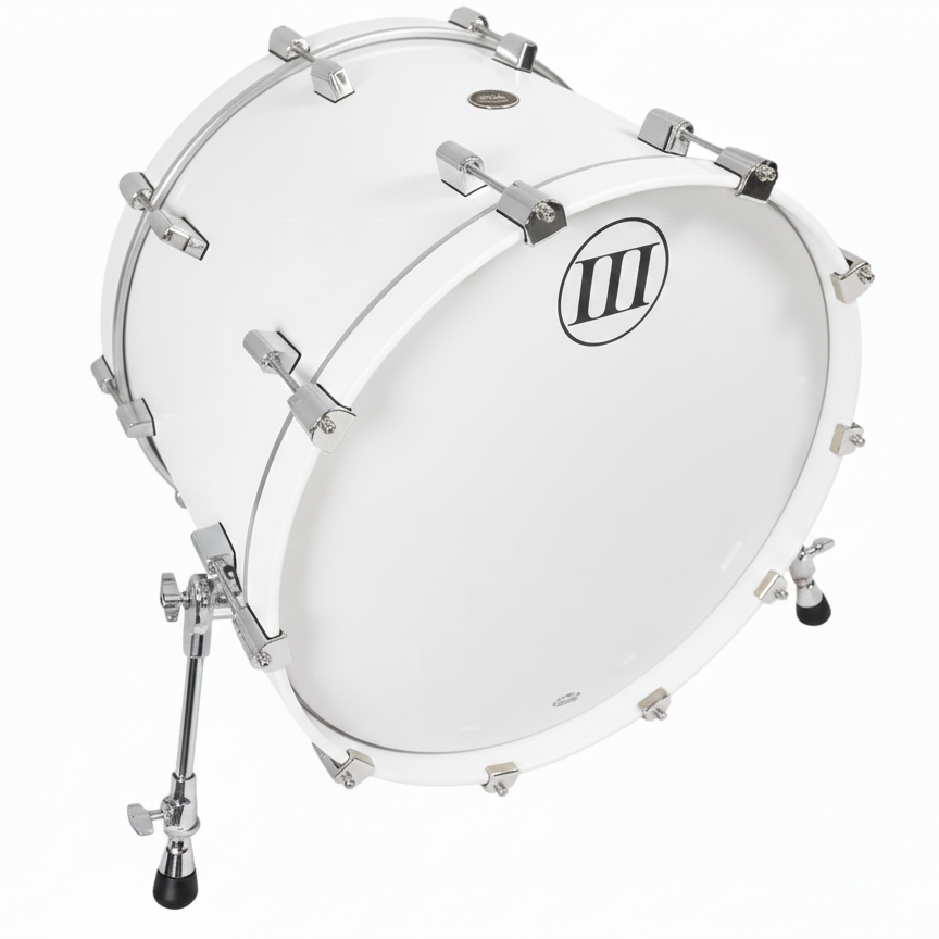 White bass drum with silver hardware on a white background