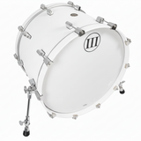 White bass drum with silver hardware on a white background