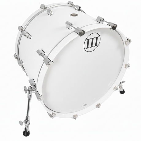 White bass drum with silver hardware on a white background