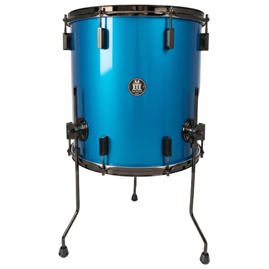 Blue drum with black hardware on a white background