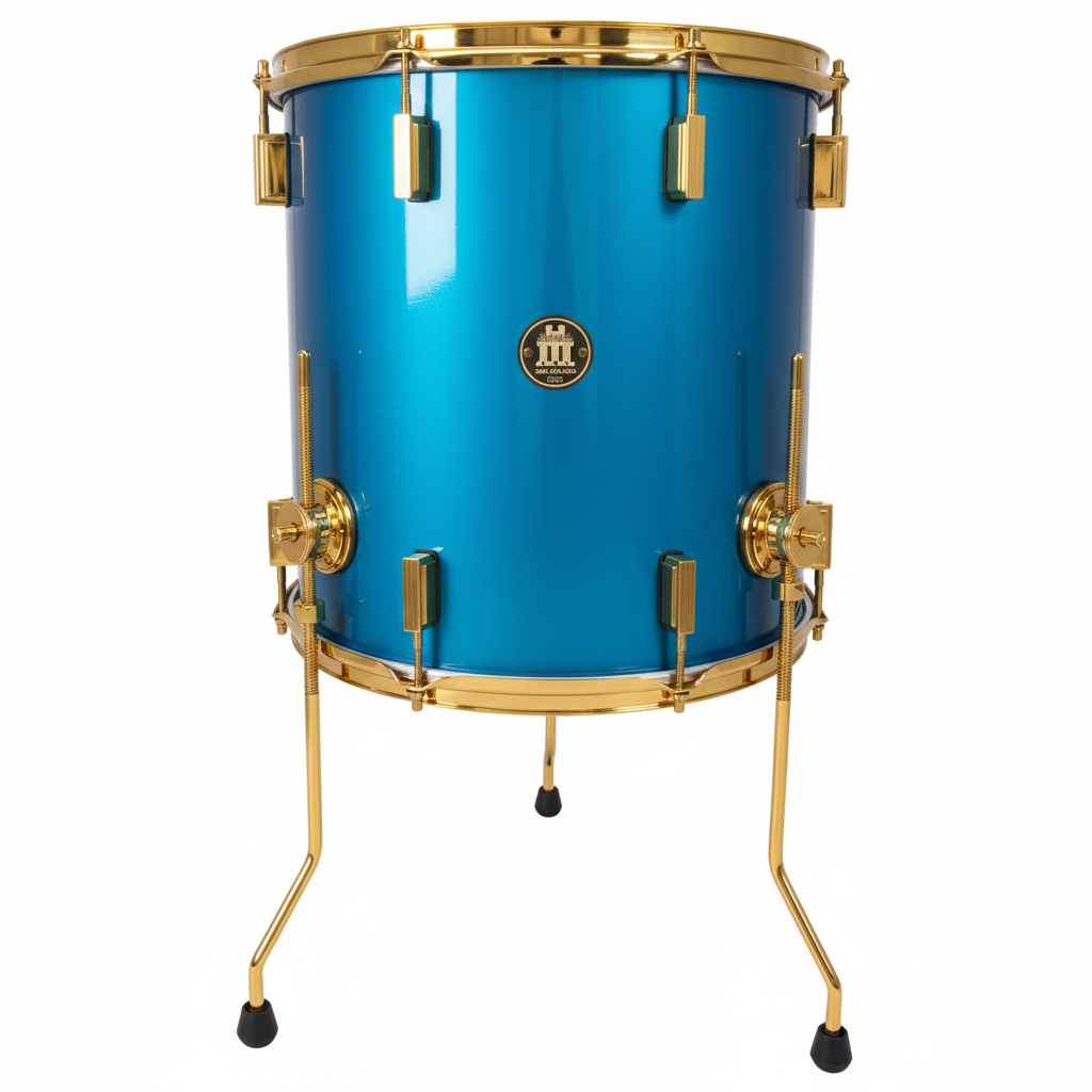 Blue drum with gold hardware on a white background