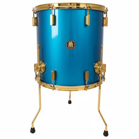 Blue drum with gold hardware on a white background