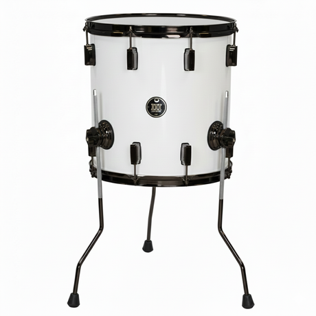 White drum with black hardware on a white background