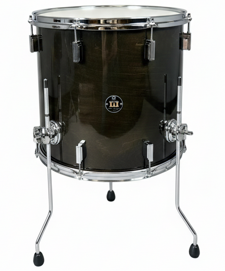 Black drum with chrome hardware on a white background