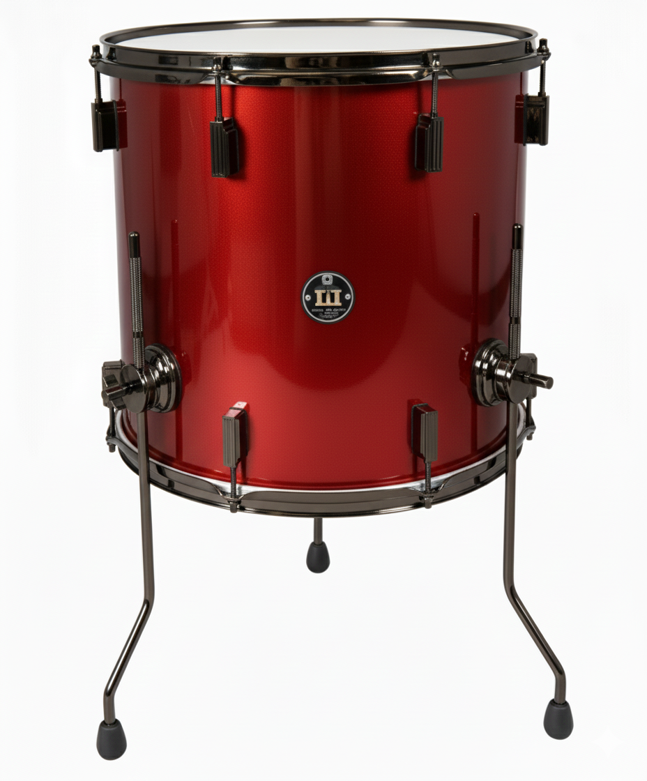 Red drum with black hardware on a white background