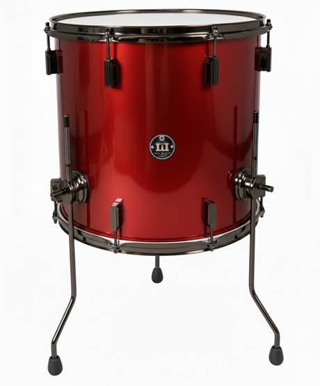 Red drum with black hardware on a white background