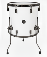 White bass drum with black hardware on a white background