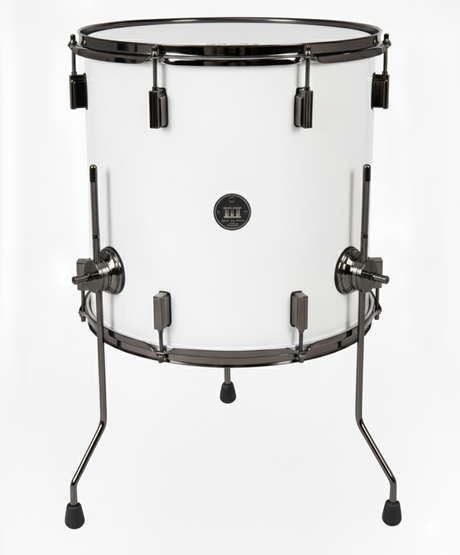 White bass drum with black hardware on a white background