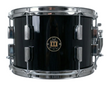 Black snare drum with chrome hardware on a white background