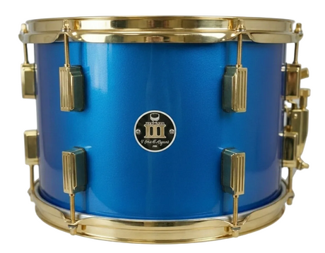 Blue drum with gold hardware on a white background