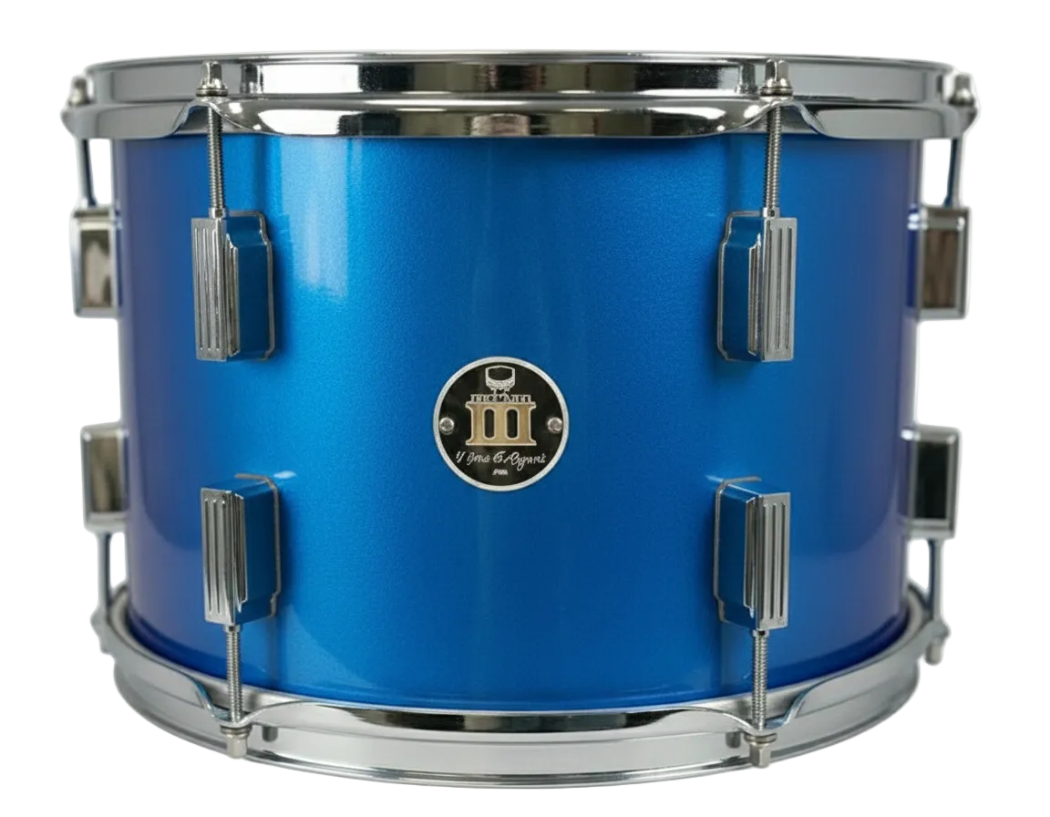 Blue drum with chrome hardware on a white background