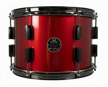 Red drum with black hardware on a white background