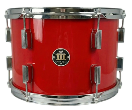 Red drum with chrome hardware on a white background