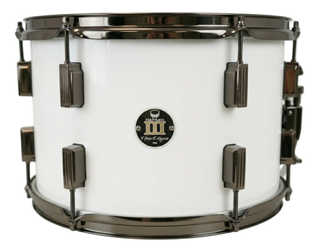 White snare drum with black accents on a white background