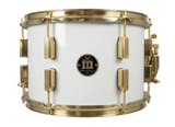 White snare drum with gold hardware on a white background