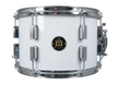 White snare drum with chrome hardware on a white background