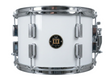 White snare drum with chrome hardware on a white background