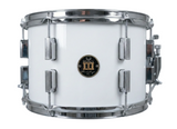 White snare drum with chrome hardware on a white background
